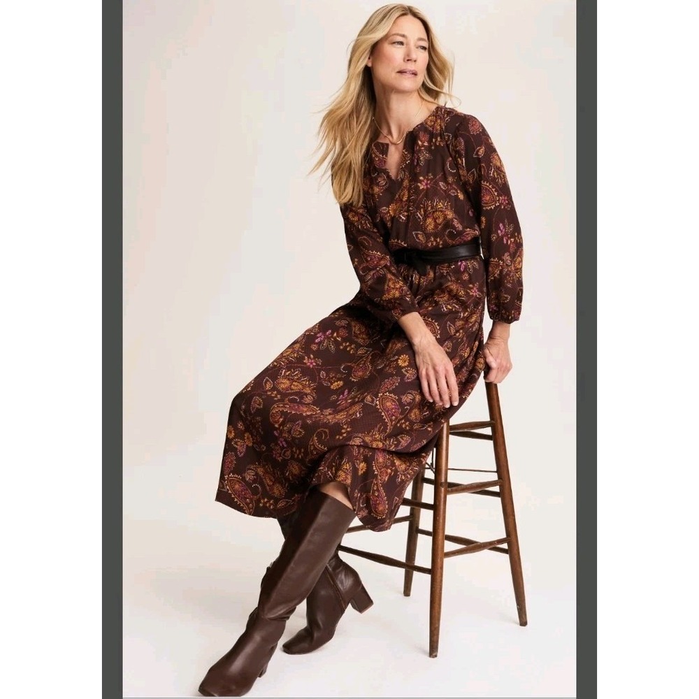 J. Jill Brown Floral Paisley Smocked Waist Boho Modest Cottage Midi Dress Size M - Picture 3 of 13